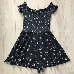 Garage Floral Gathered Romper in Black & Pink